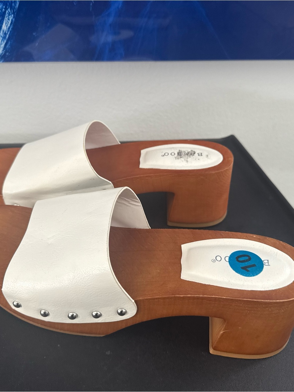 White Leather Slide Sandals with Wood Block Heel